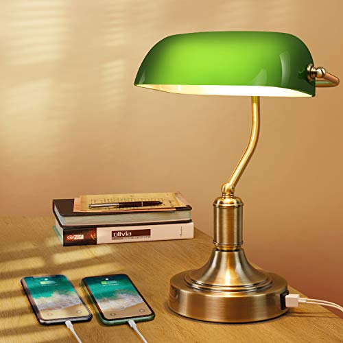 Green Glass Banker's Lamp With 2 Fast Usb Charging Ports