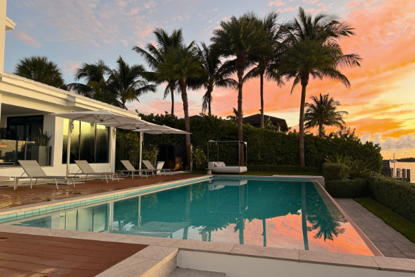 luxury waterfront patio and pool